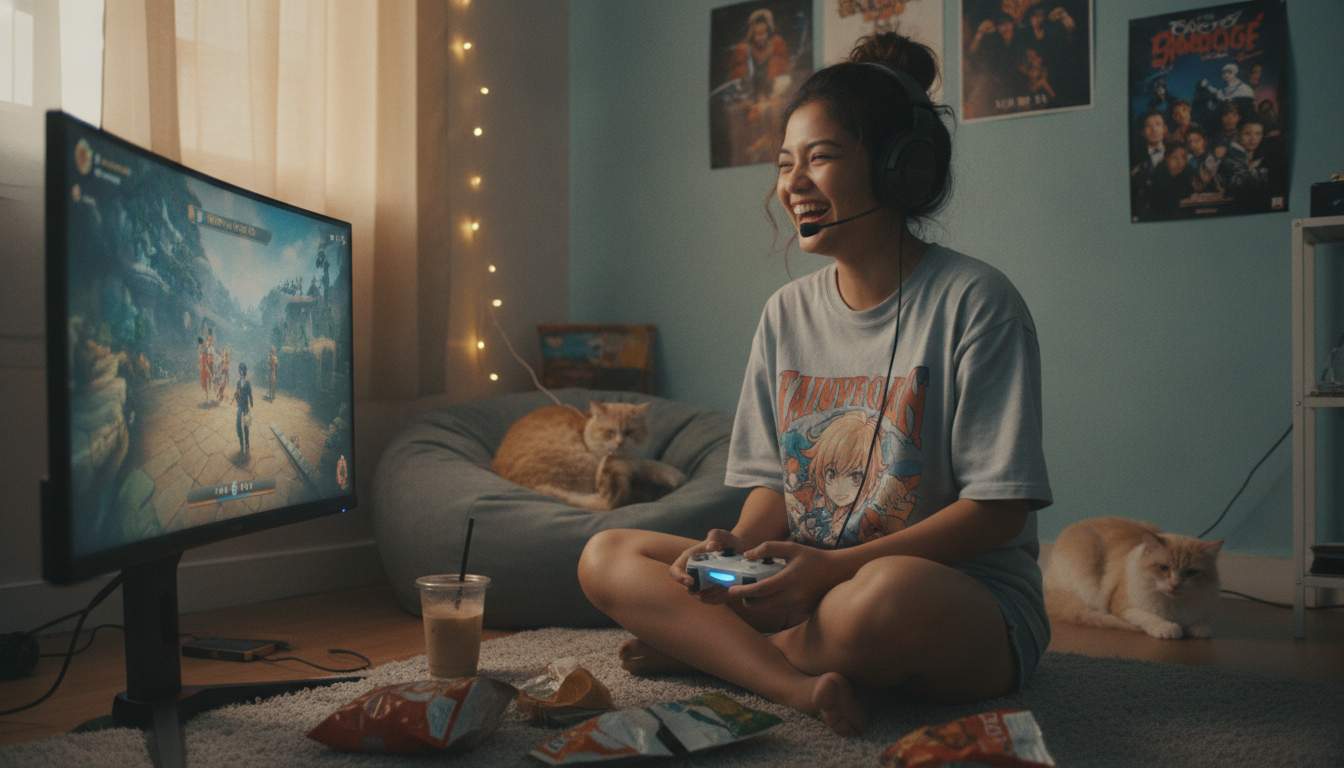 A woman enjoying gaming on her laptop in a cozy atmosphere